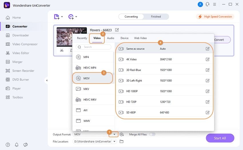 Выбор MOV в Wondershare UniConverter