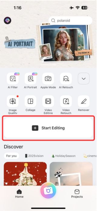 BeautyPlus: кнопка Start Editing на главном экране