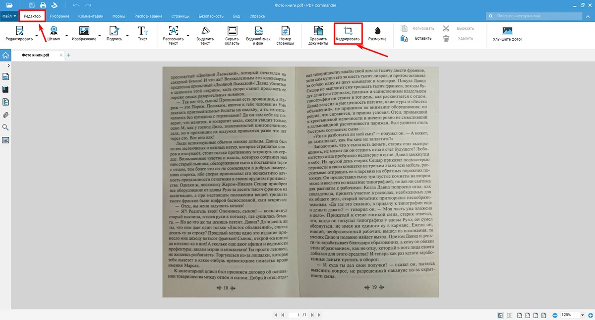 Кнопка «Кадрировать» на вкладке «Редактор» в PDF Commander