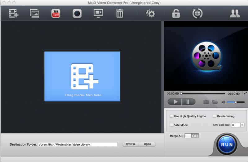Главное окно MacX Video Converter Pro с панелью добавления видео, предпросмотром, настройками качества и кнопкой Run