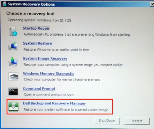Dell Backup and Recovery Manager в параметрах восстановления Windows 7