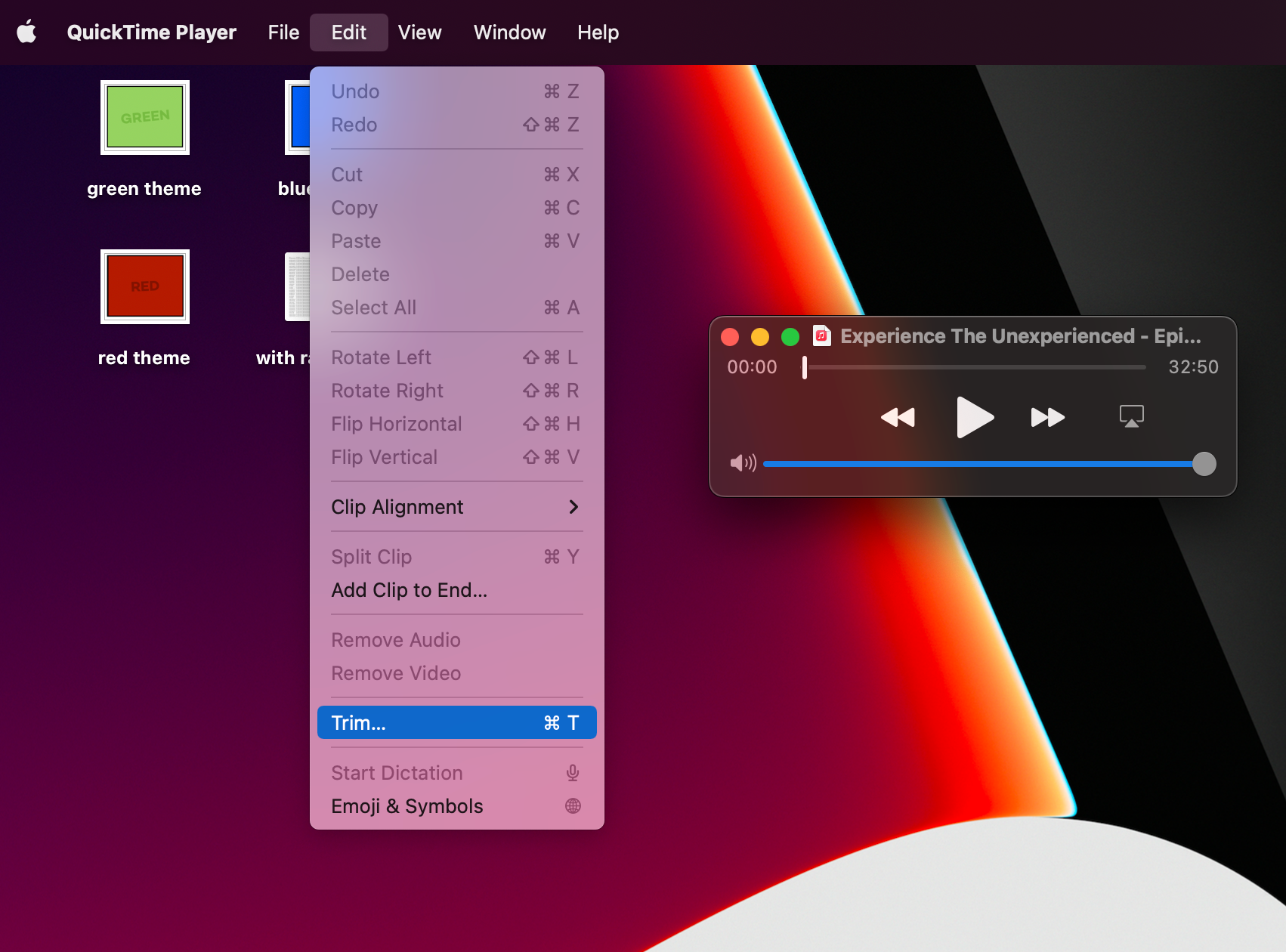 Команда Trim в меню Edit QuickTime Player