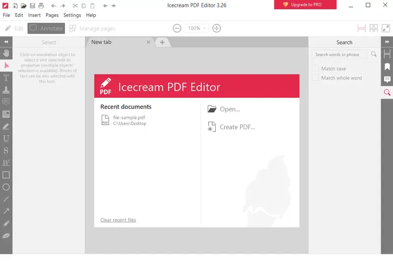 Стартовое окно Icecream PDF Editor с кнопками Open и Create PDF