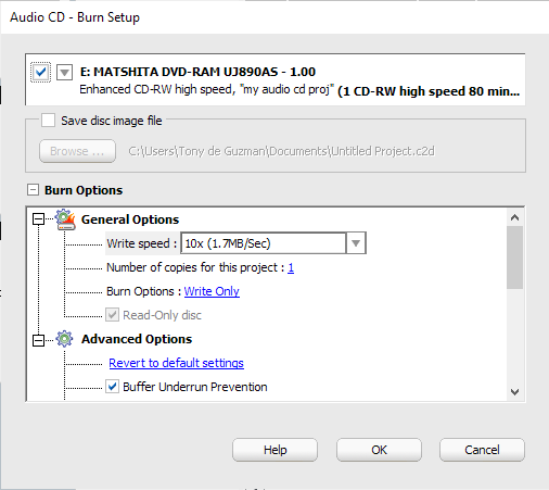 Окно Audio CD - Burn Setup в Roxio Music Disc Creator