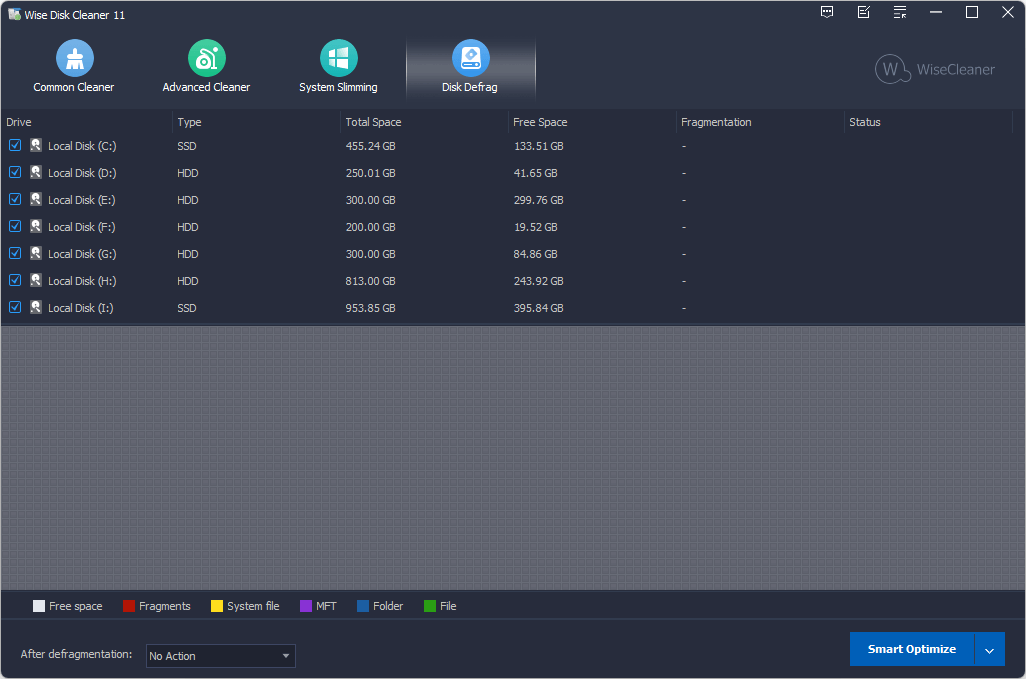 Disk Defrag в Wise Disk Cleaner со списком разделов и кнопкой Smart Optimize