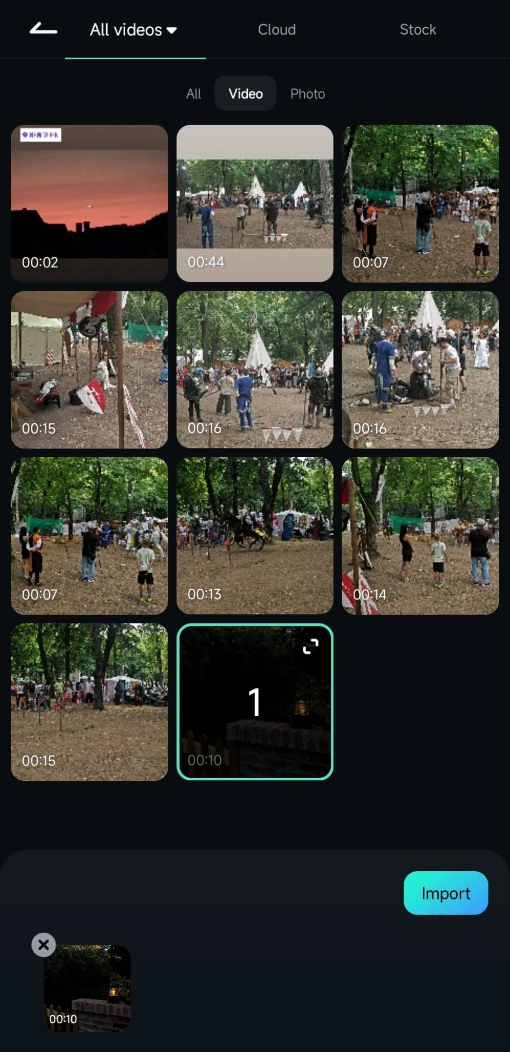 Выбор клипа в мобильной Filmora