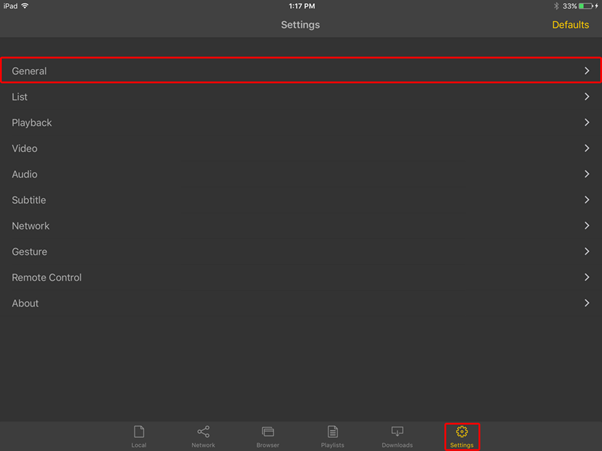 nPlayer на iPad: экран Settings с разделами Playback, Audio, Network и другими настройками