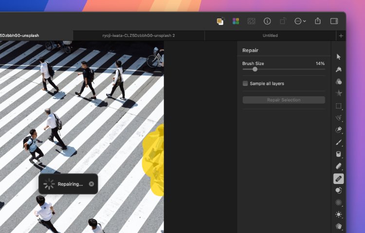 Pixelmator Pro: удаление человека инструментом Repair