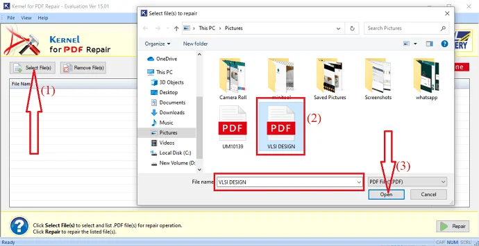 Выбор повреждённого PDF в Kernel for PDF Repair