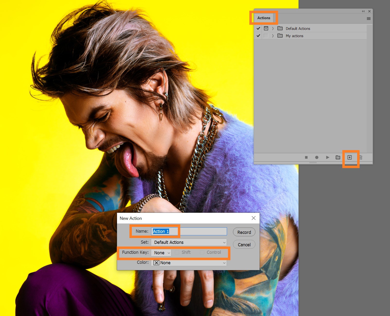 Панель Actions при записи операции Photoshop