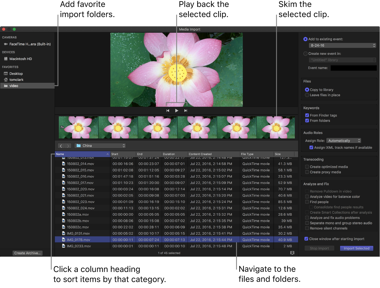 Окно Media Import в Final Cut Pro с выбором файлов, хранилища и параметров транскодирования