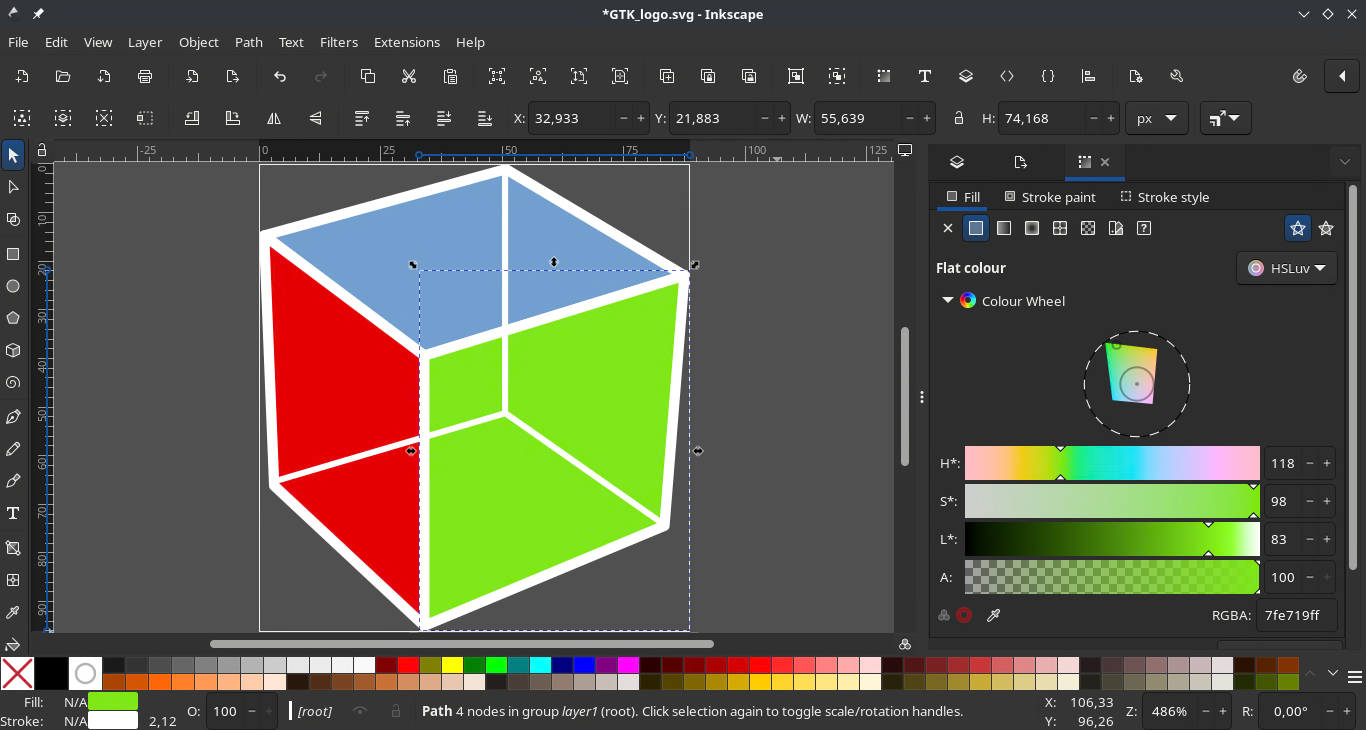 Inkscape с открытым векторным документом и панелями редактирования