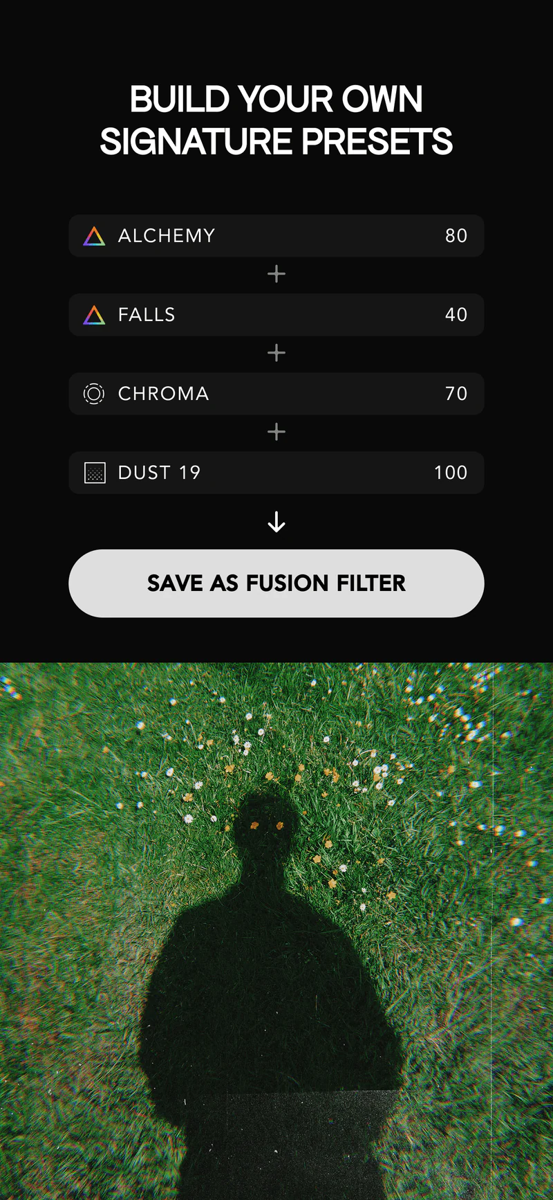 Fusion Filter в Afterlight: комбинирование Alchemy, Falls, Chroma и Dust 19 с сохранением собственного пресета