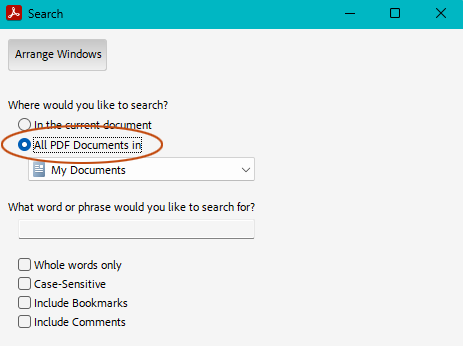 Выбор папки PDF в расширенном поиске Adobe Reader
