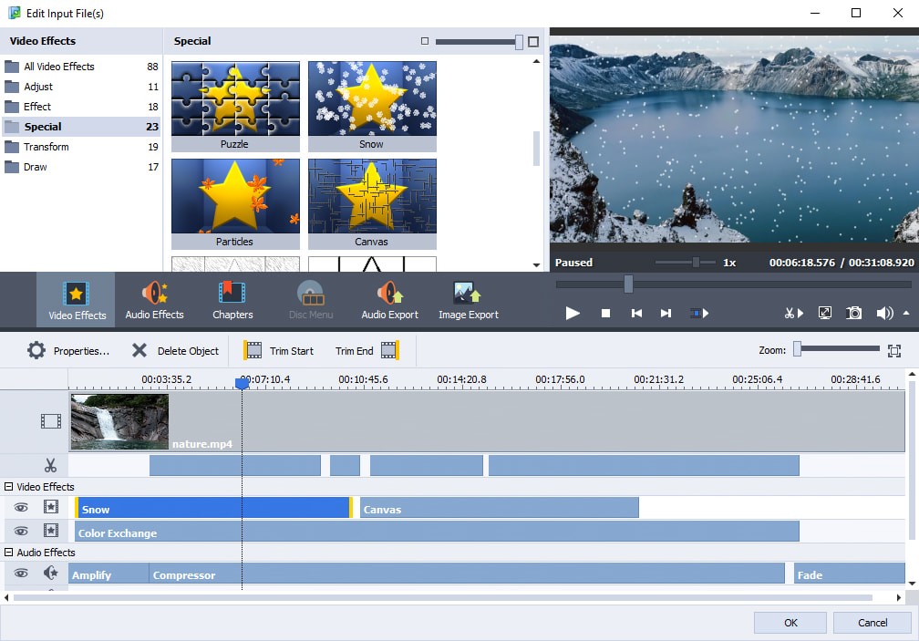 Окно Edit Input File(s) в AVS Video Converter с видеоэффектами, предпросмотром и Timeline