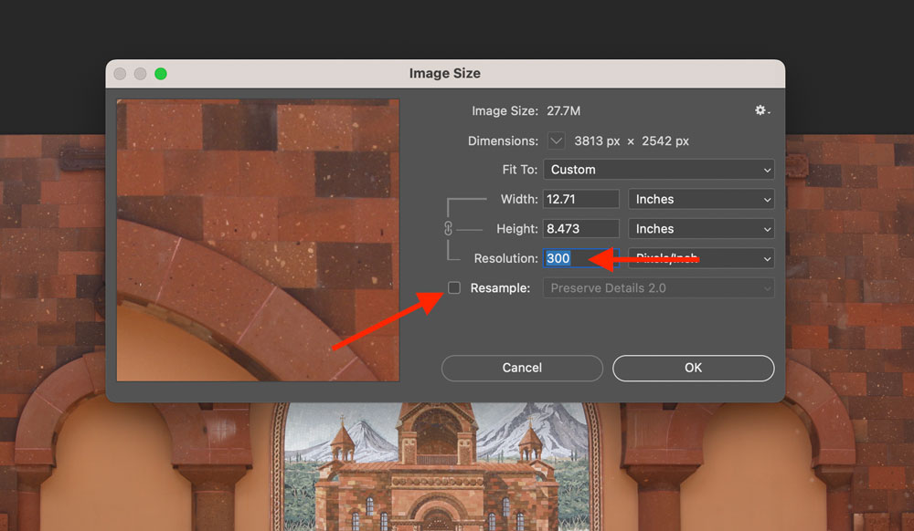 Диалог Image Size в Adobe Photoshop с разрешением 300 ppi и выключенным Resample