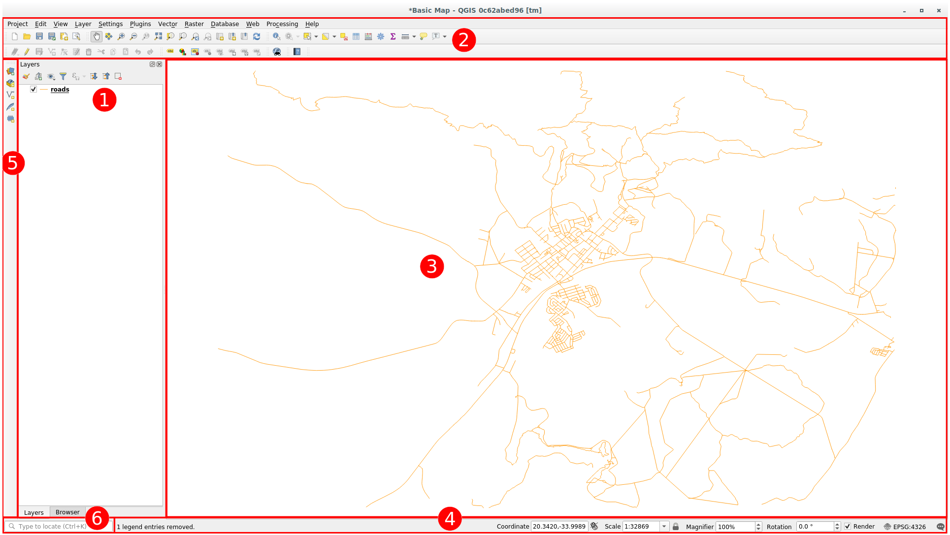 Интерфейс QGIS с панелью слоёв, картой и инструментами