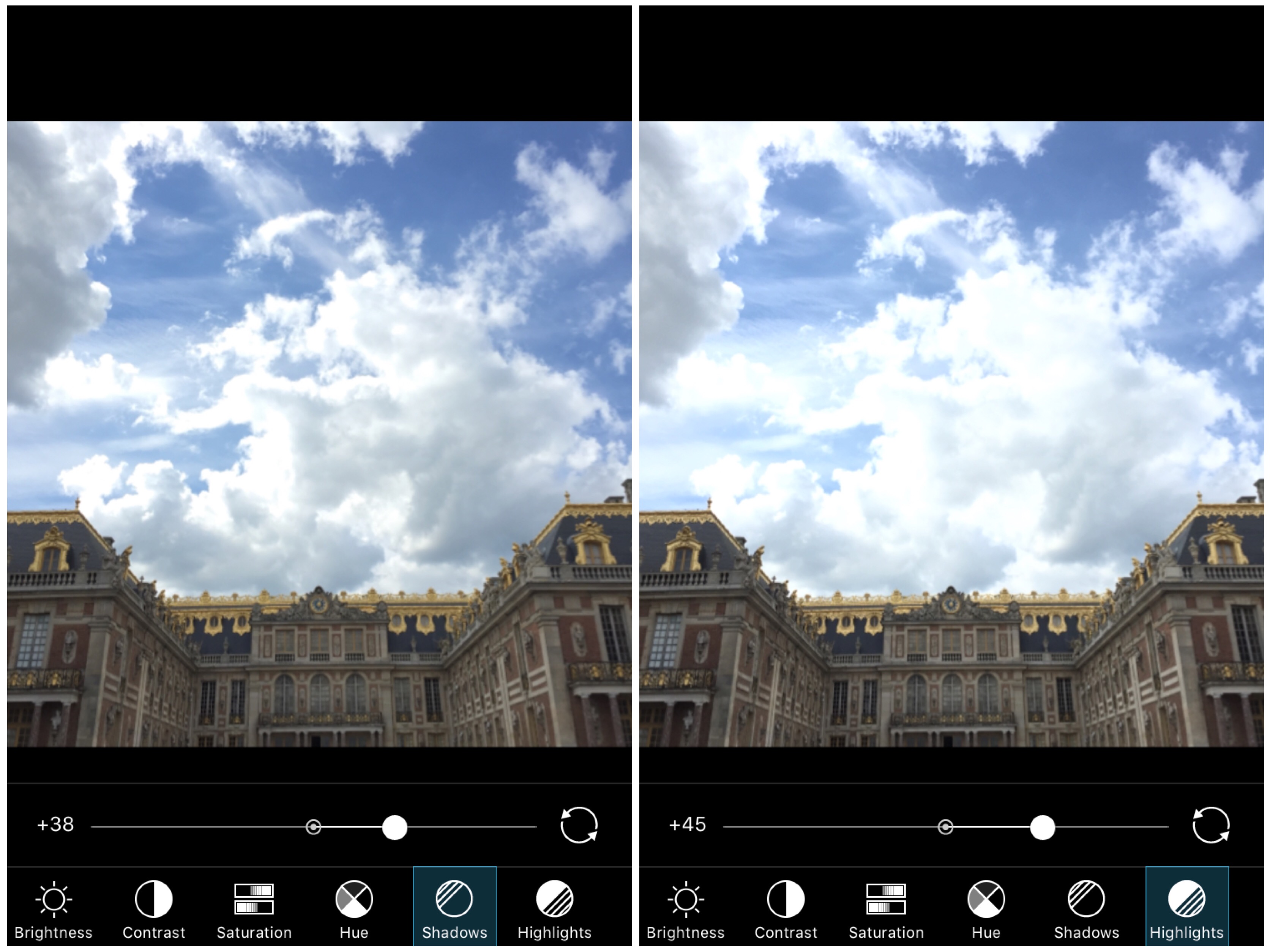 Регуляторы Shadows и Highlights в PicsArt
