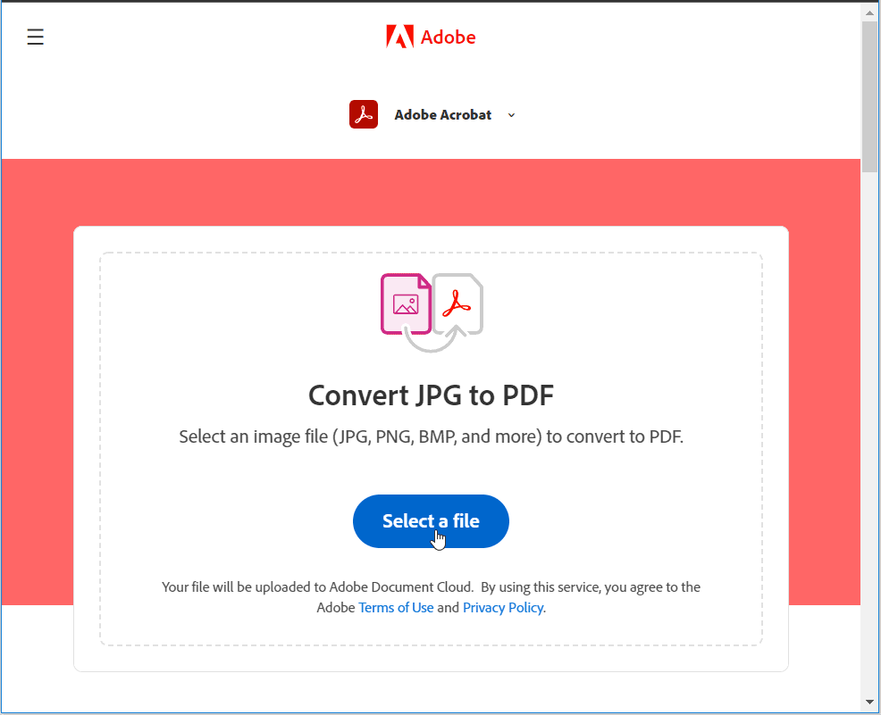 Форма конвертации JPG в PDF в Adobe Acrobat Online