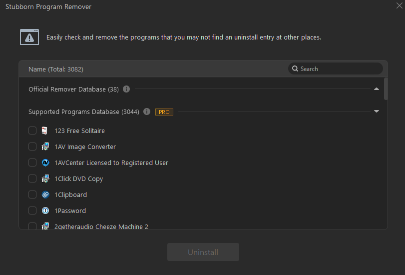 Список Stubborn Program Remover в IObit Uninstaller