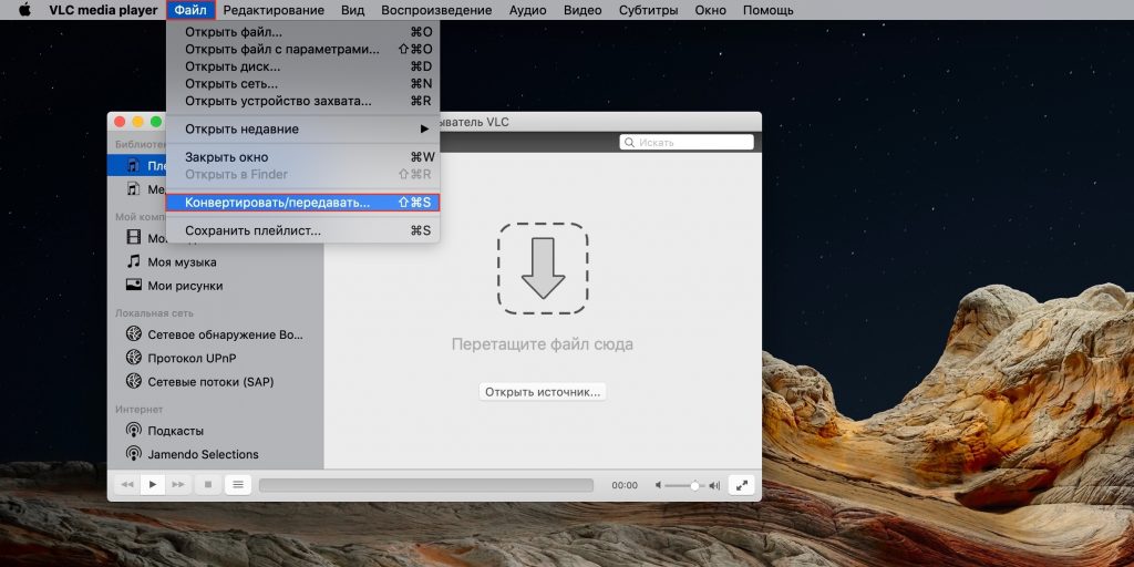 Окно выбора файла для конвертации в VLC