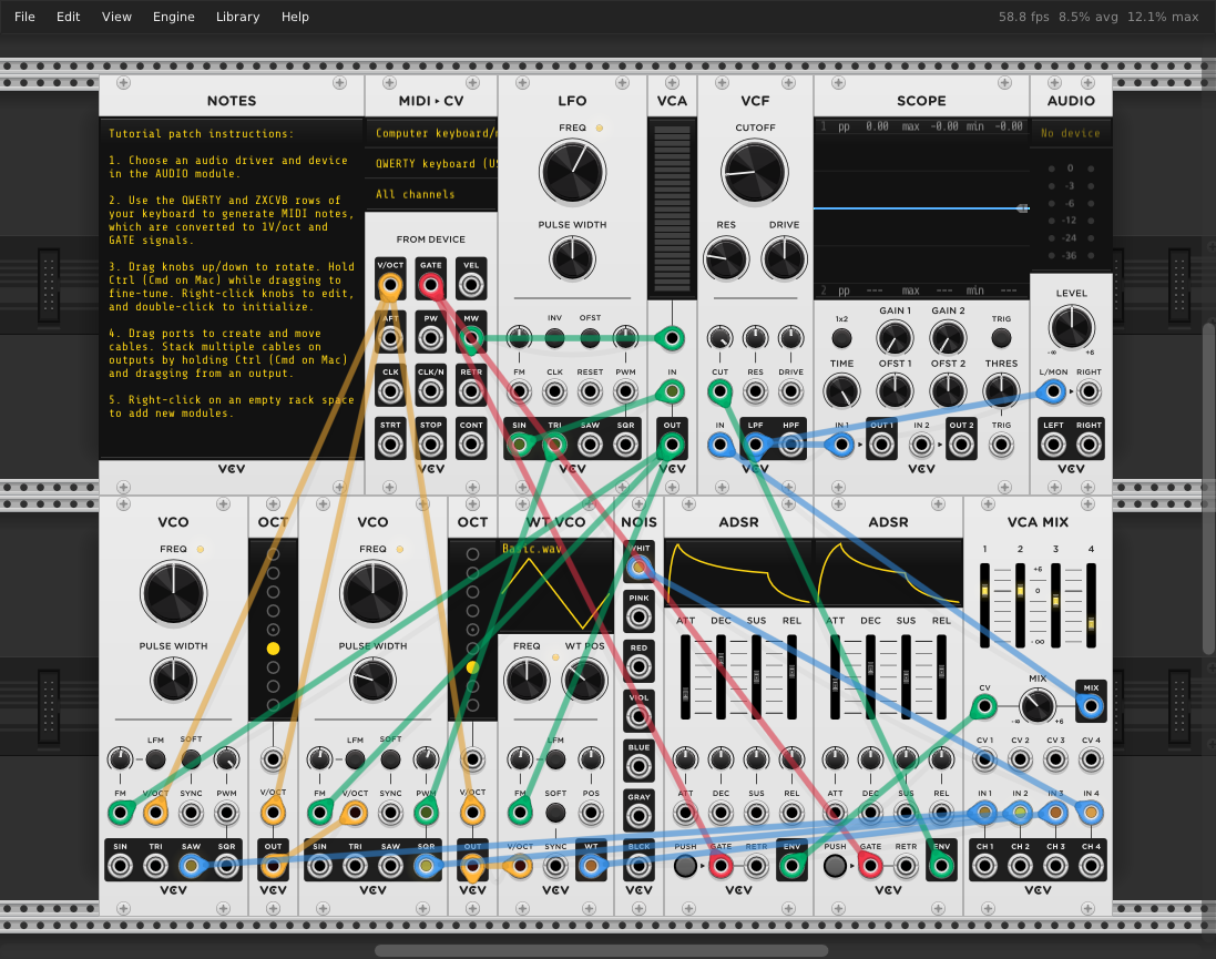 Интерфейс VCV Rack с виртуальными модулями и патч-кабелями