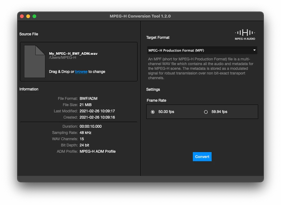 MPEG-H Conversion Tool с исходным BWF/ADM и выбором целевого MPEG-H master format