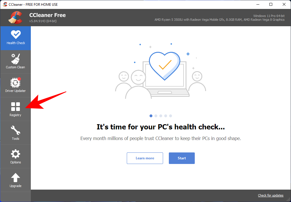 Переход к разделу Registry в CCleaner