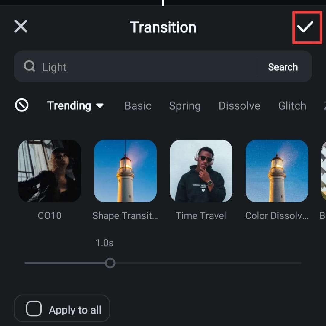 Применение перехода Filmora Mobile