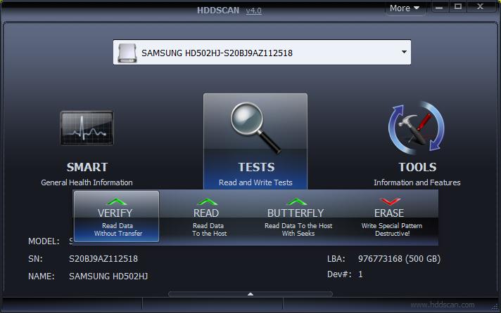 Меню TESTS в HDDScan