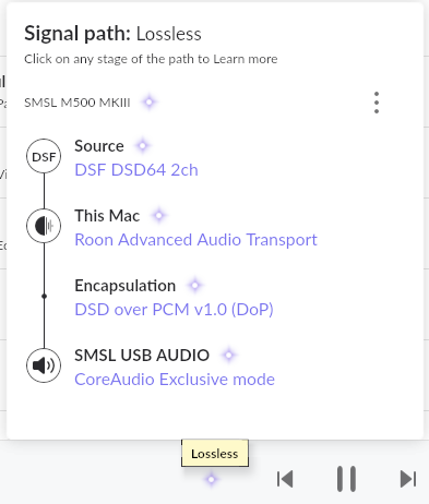 Roon Signal Path с DSF DSD64 и передачей DSD over PCM