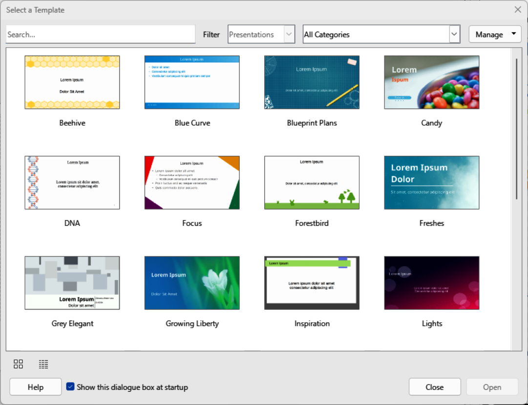 Окно выбора шаблона в LibreOffice Impress