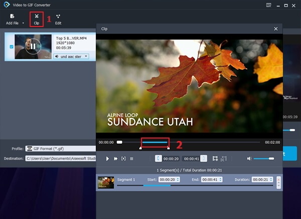 Выбор длительности ролика в Aiseesoft Video to GIF Converter