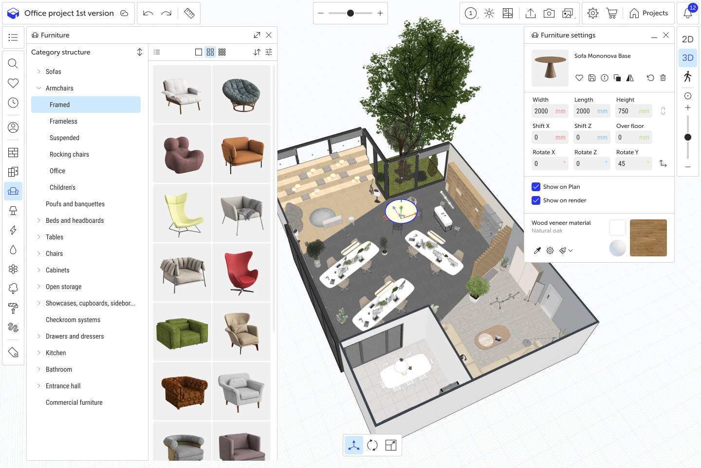 3D-интерфейс Planoplan с каталогом мебели и настройками объекта