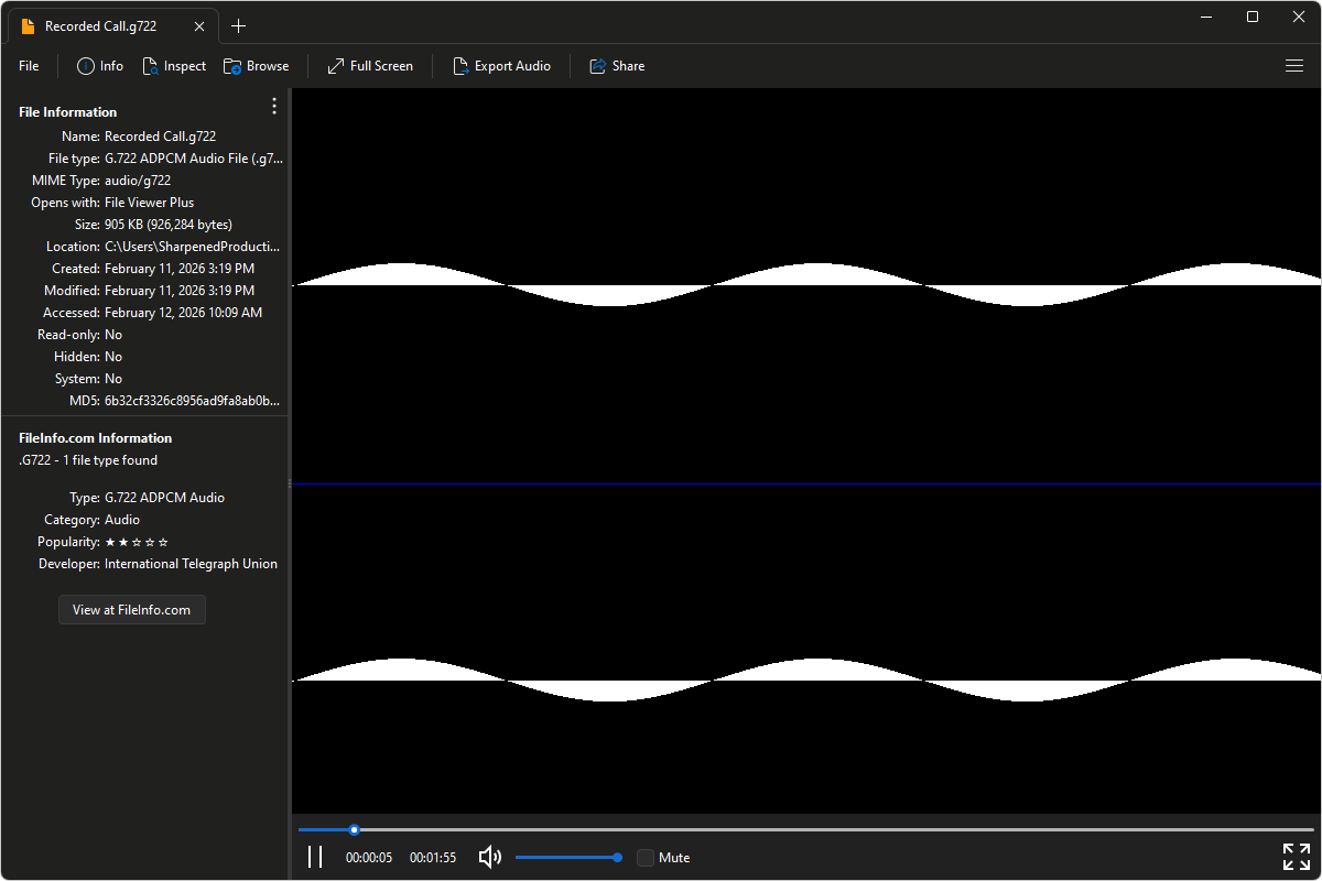 Файл G.722 открыт в File Viewer Plus: waveform, плеер и кнопка Export Audio