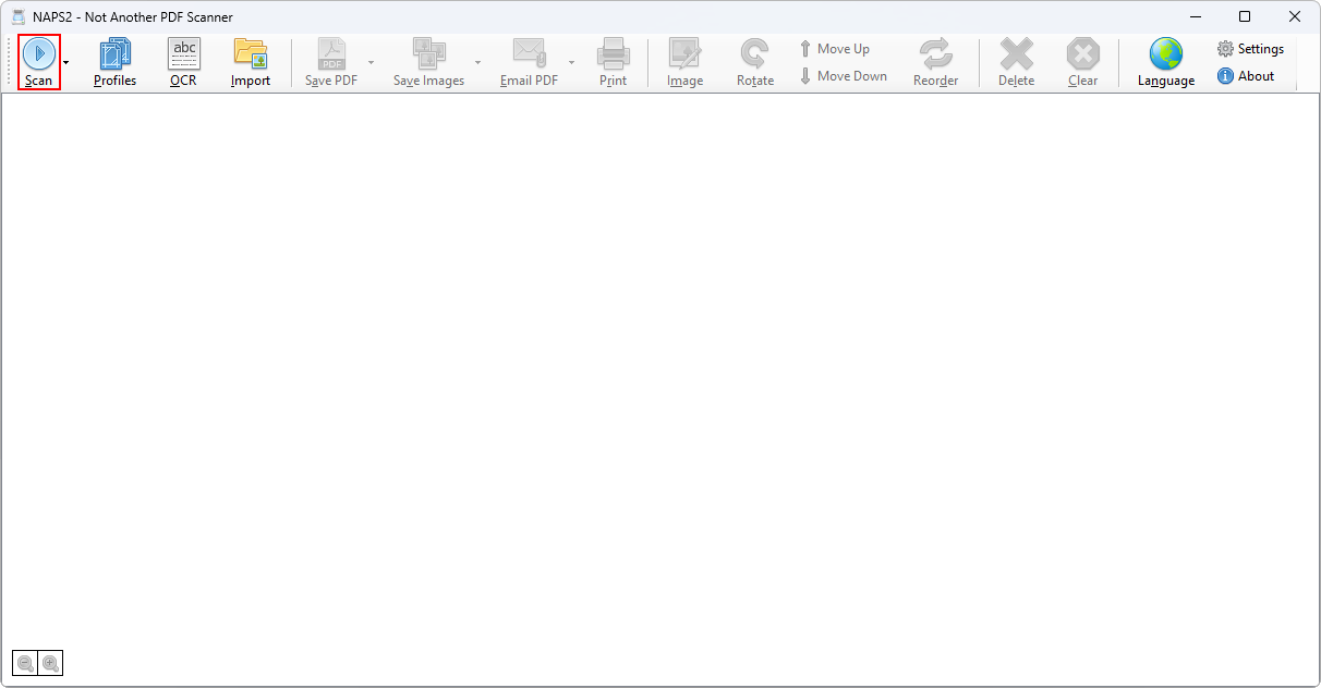 Главное окно NAPS2 с кнопками Scan, Profiles, OCR, Import и Save PDF