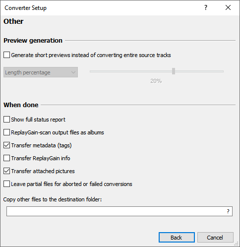 Раздел Other в Converter Setup foobar2000 с параметрами тегов и изображений