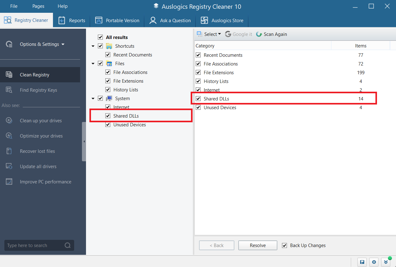 Результаты Auslogics Registry Cleaner и флажок Back Up Changes