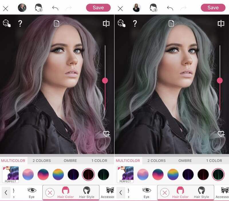 YouCam Makeup: интерфейс Hair Color с режимами Multicolor, Ombre и палитрой оттенков