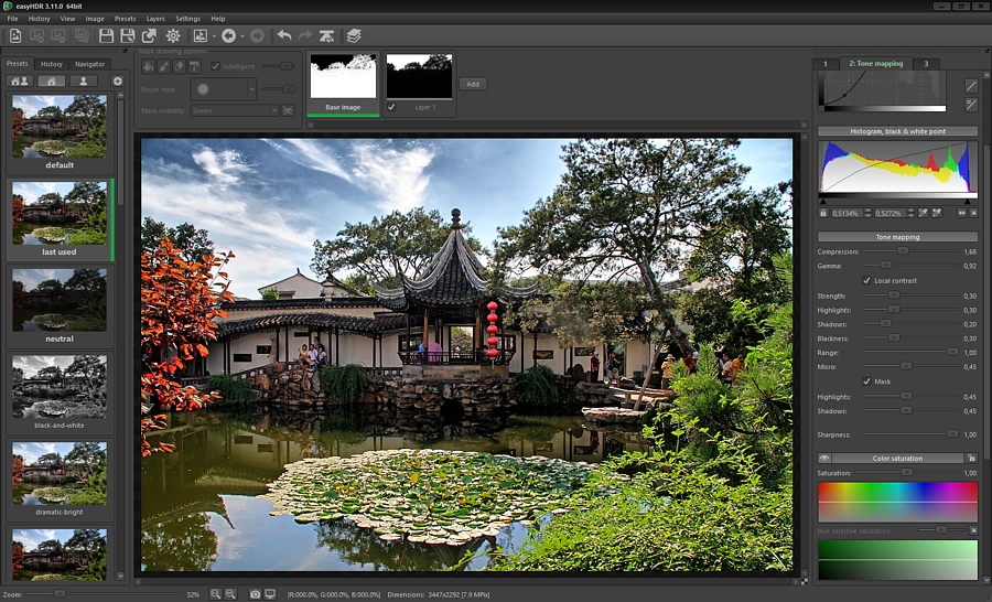 Окно EasyHDR с открытым HDR-проектом и панелями настроек