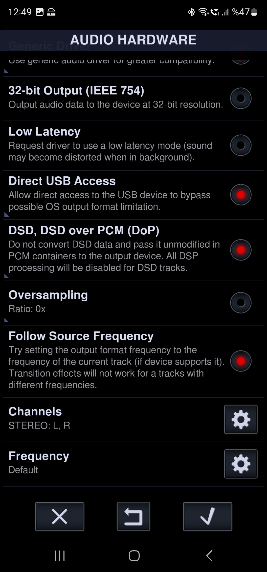Настройки Direct USB Access и DSD over PCM DoP в мобильном плеере