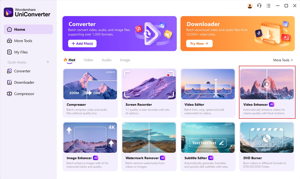 Главное окно Wondershare UniConverter с модулем Video Enhancer AI