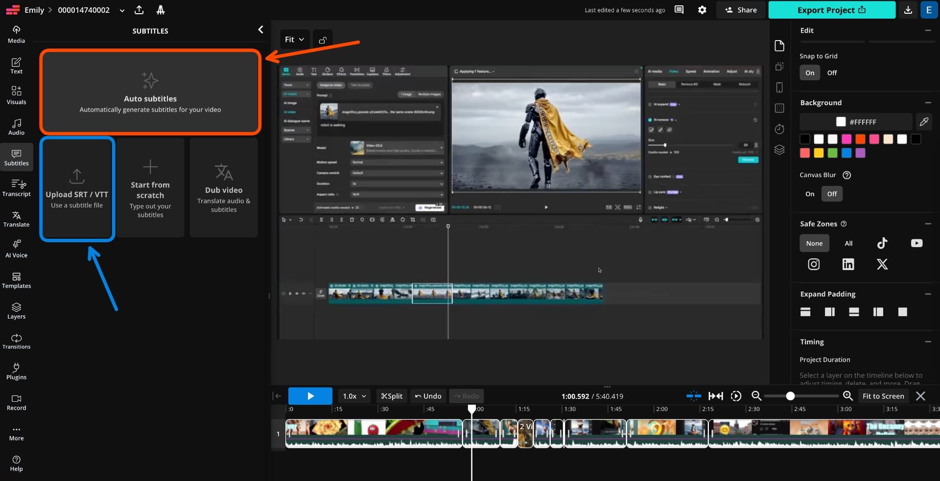 Панель Subtitles в Kapwing Studio с Auto subtitles и Upload SRT/VTT