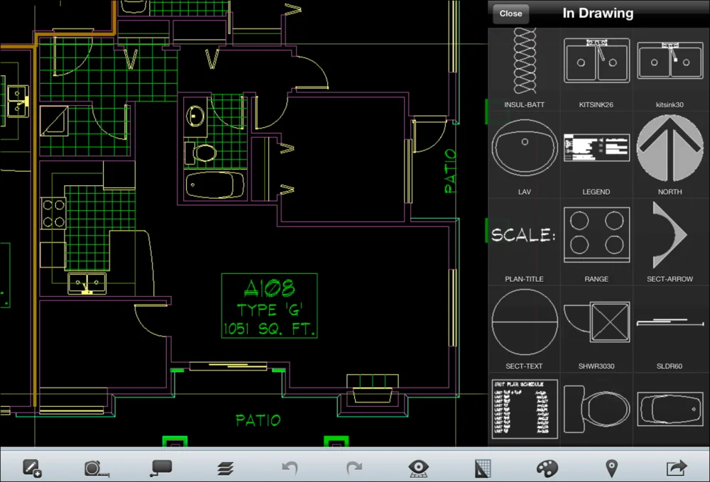 Мобильный интерфейс AutoCAD с чертежом