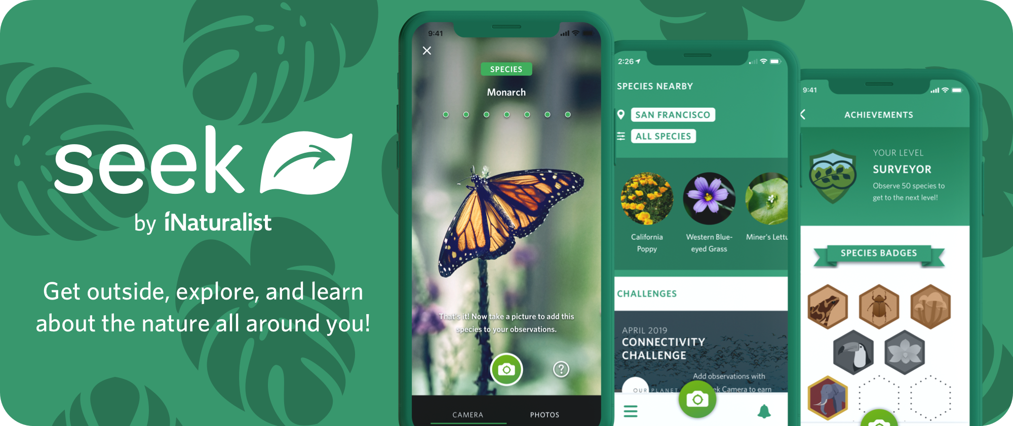 Интерфейс Seek by iNaturalist с камерой, видами рядом и достижениями