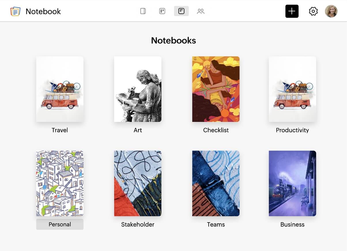 Интерфейс Zoho Notebook с блокнотами и заметками