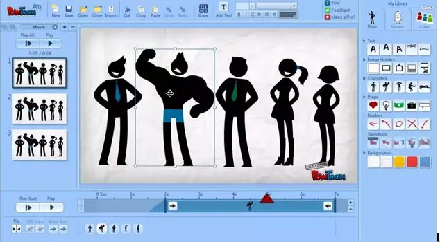 Интерфейс Powtoon с персонажами и временной шкалой сцены