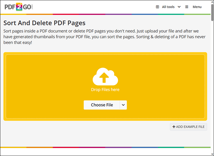 Выбор PDF в PDF2Go для удаления страниц