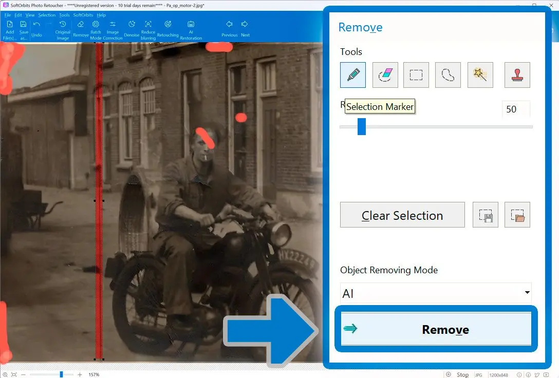 Панель Remove в SoftOrbits Photo Retoucher с выделением дефектов и режимом Object Removing Mode