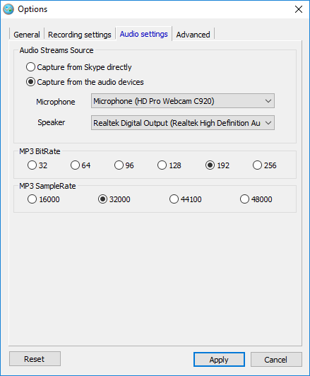 Audio settings в Evaer: выбор источника звука, MP3 BitRate и MP3 SampleRate